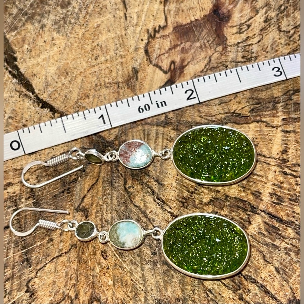 Labradorite & Caribbean Larimar Earrings 2 1/2” - Picture 9 of 10